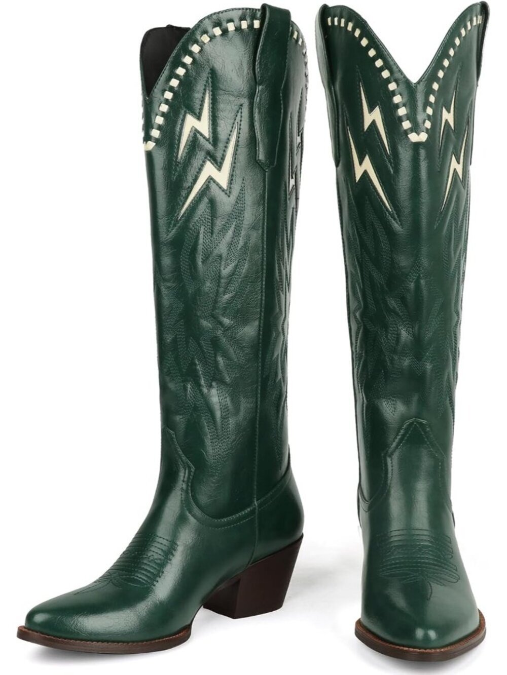 Women's Green Knee High Pull On Lightning Embroidered Pointed Toe Cowgirl Boots